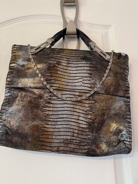 Metallic Black & Gold Textured Tote with Chain Accent